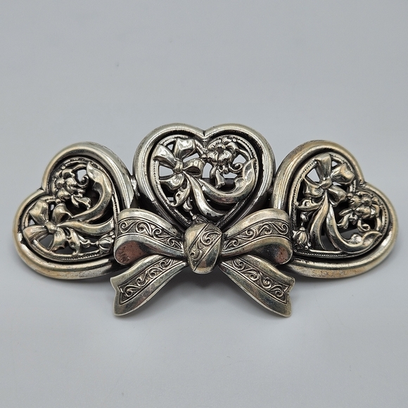 VINTAGE Art Deco Silver Plated Hearts French Hair Barrette Made in France